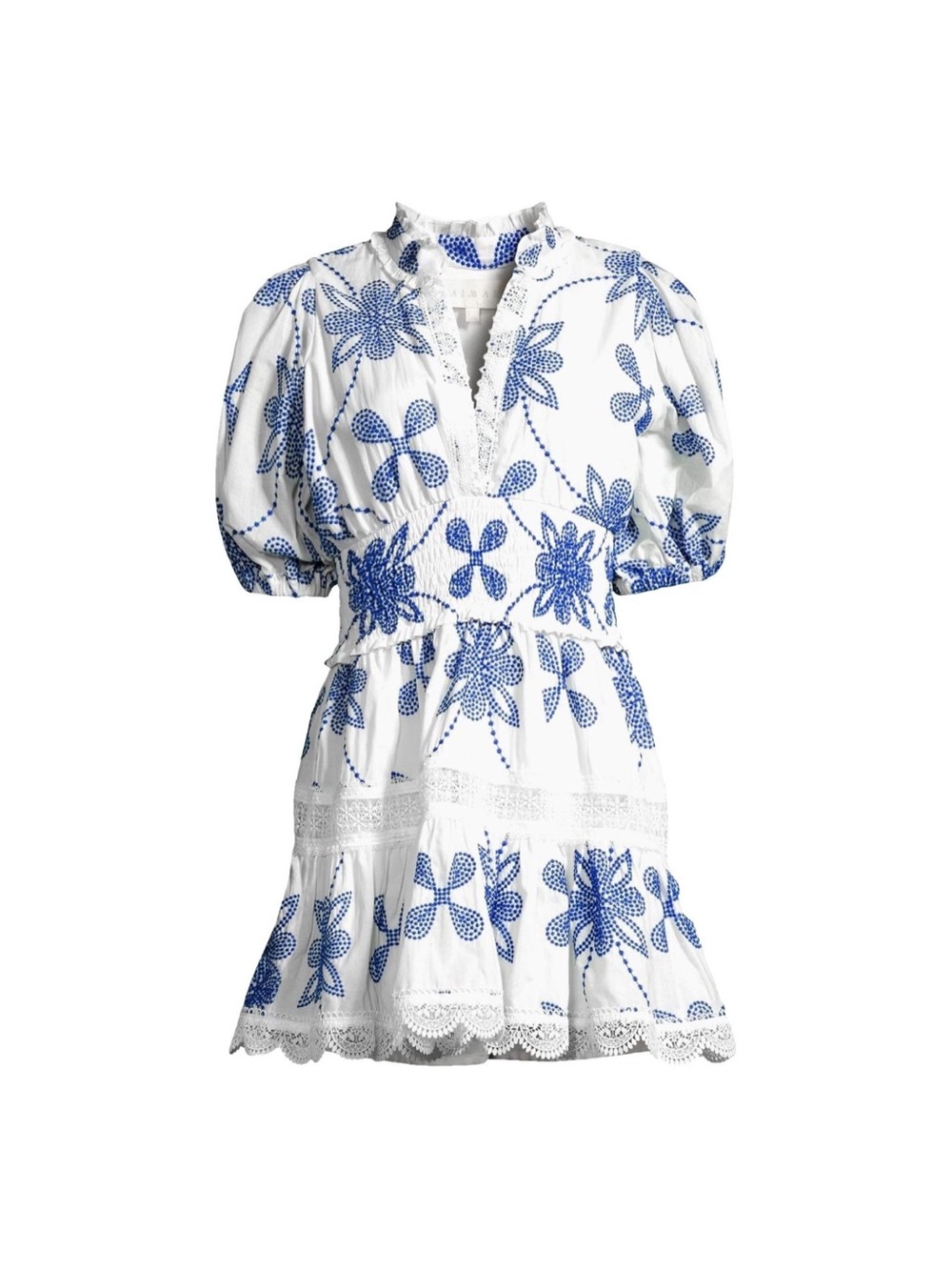 White and Blue Floral Cotton Mini Dress
